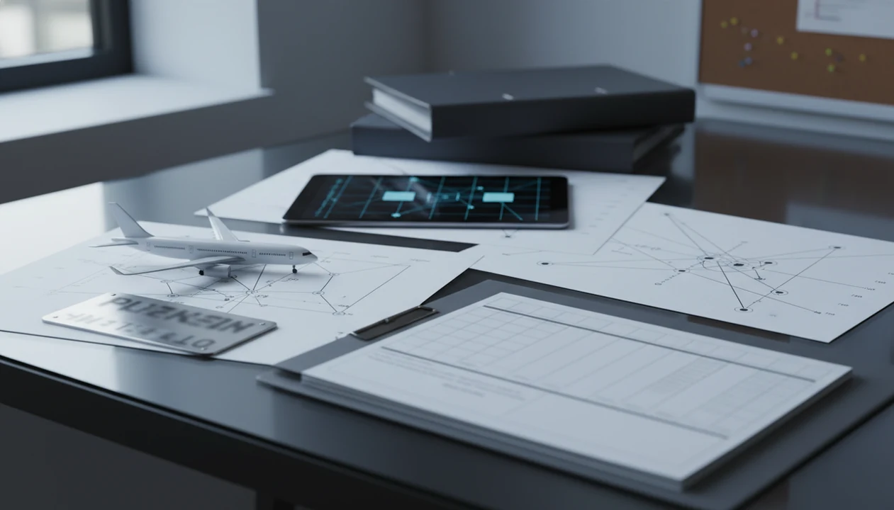 A research desk with aviation reports, data charts, and a jet model arranged for safety record review.