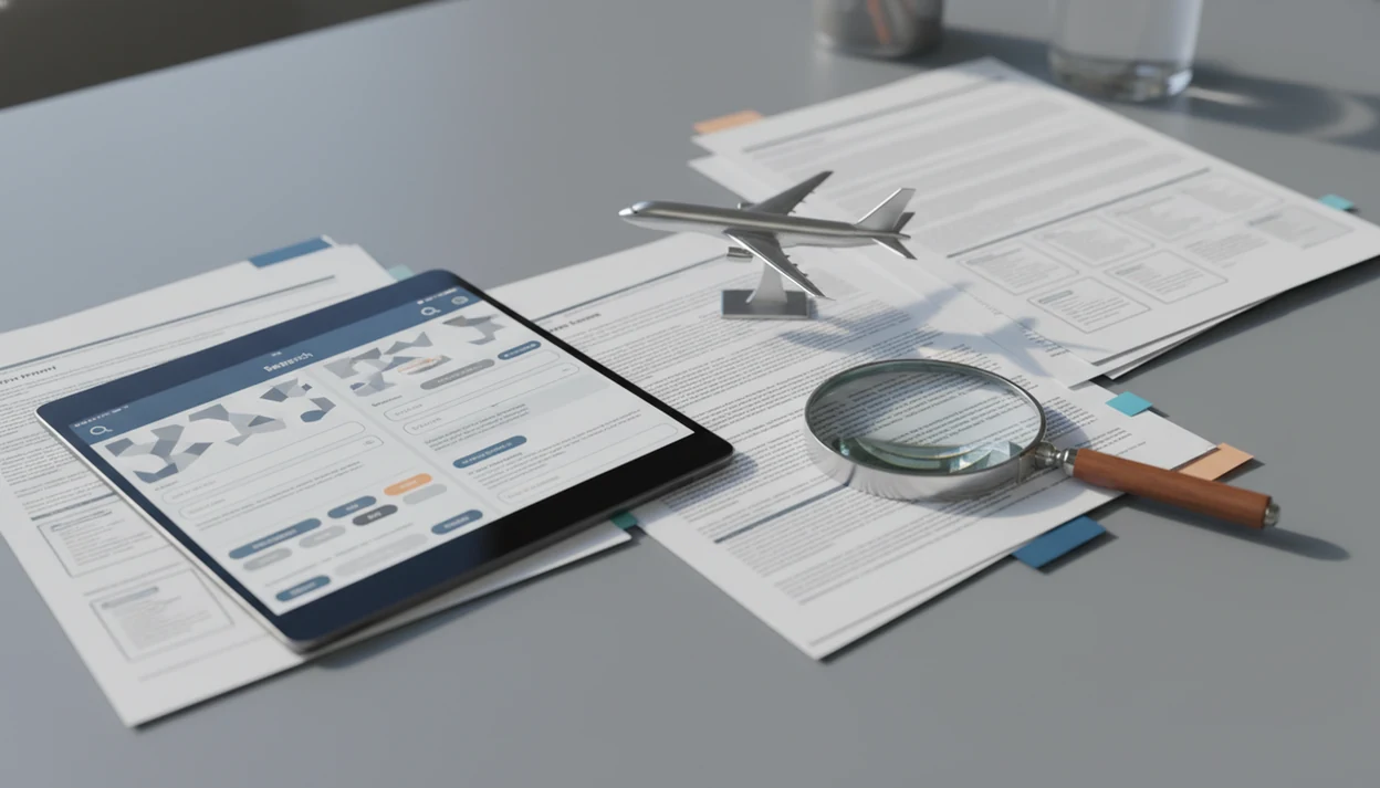 A tablet, phone, aviation report papers, and model airplane arranged as an NTSB report search workspace.