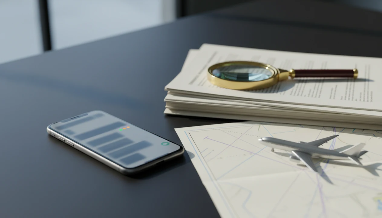 A phone, aviation papers, aircraft model, and magnifying glass suggest verified crash tracking data.