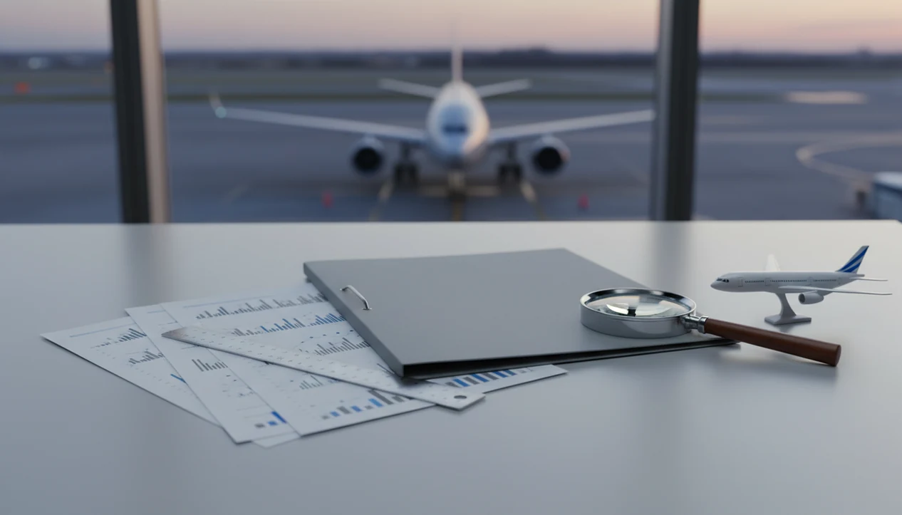 An aviation safety desk with reports, charts, a magnifying glass, and a model airliner near an airport window.
