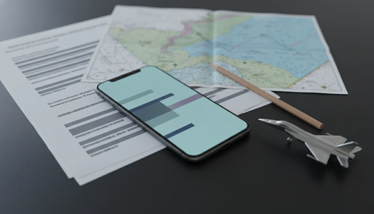 A smartphone sits among aviation reports, a chart, and a small aircraft model on a research desk.