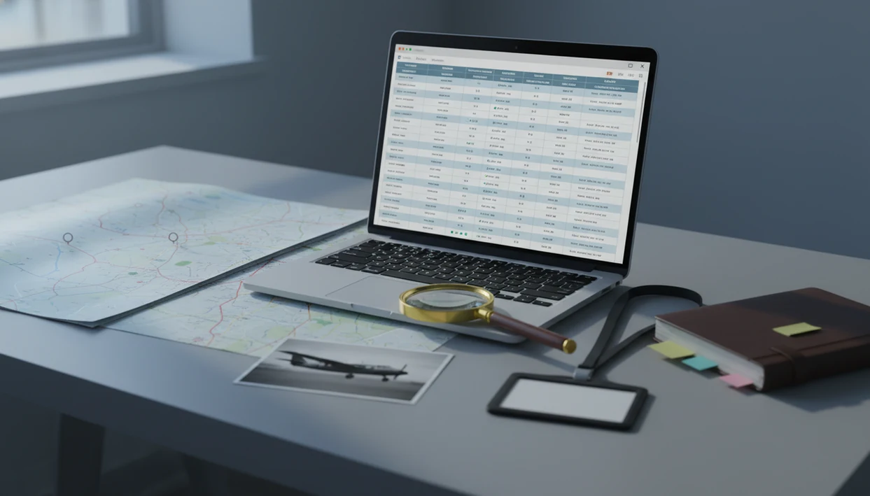 A newsroom desk shows an aviation accident database workflow with maps, records, and verification tools.