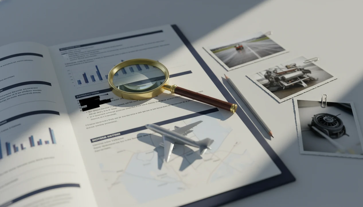 Aviation investigation documents, charts, and a magnifying glass arranged on a research desk.