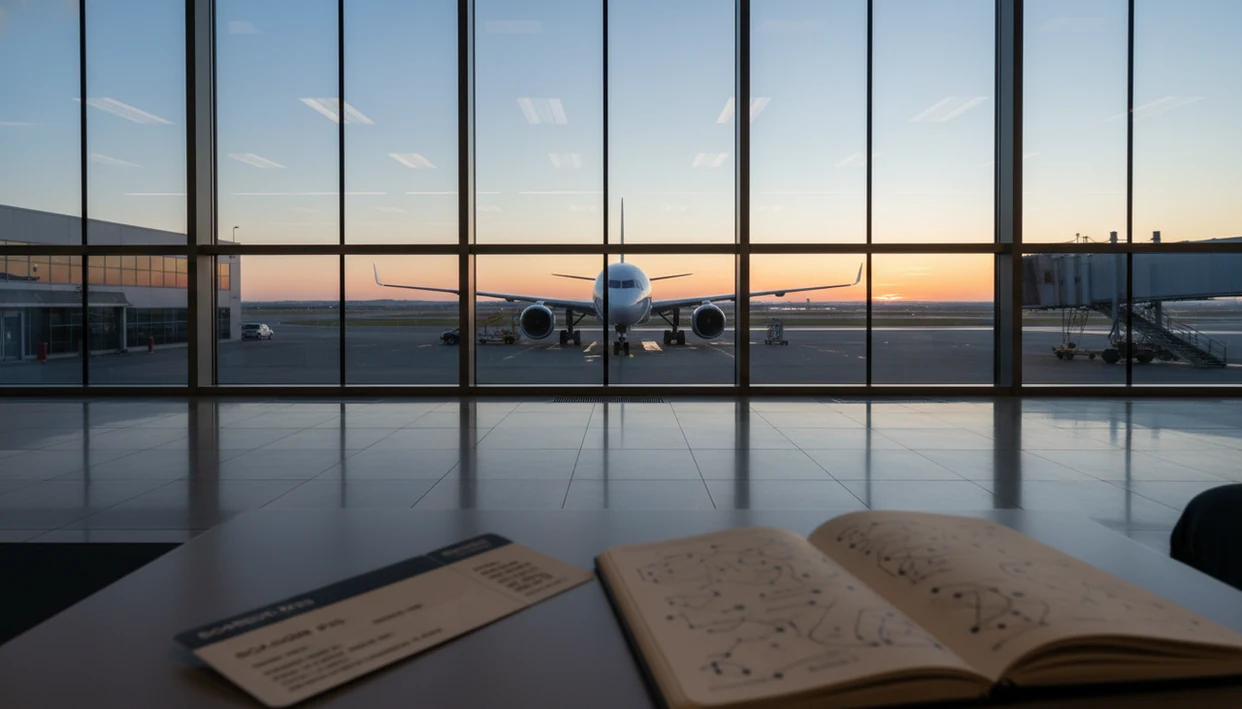 A calm airport window scene shows a commercial jet with a notebook suggesting aviation safety data.