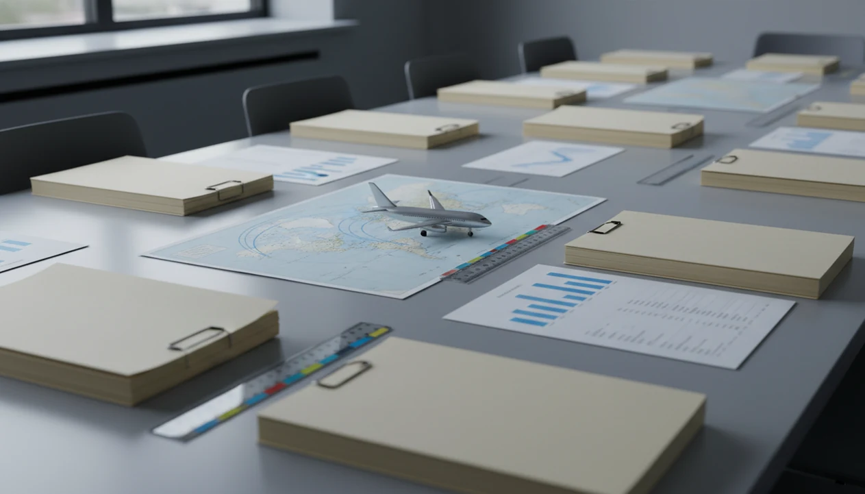 Aviation safety reports, charts, and a model aircraft arranged for structured crash data analysis.