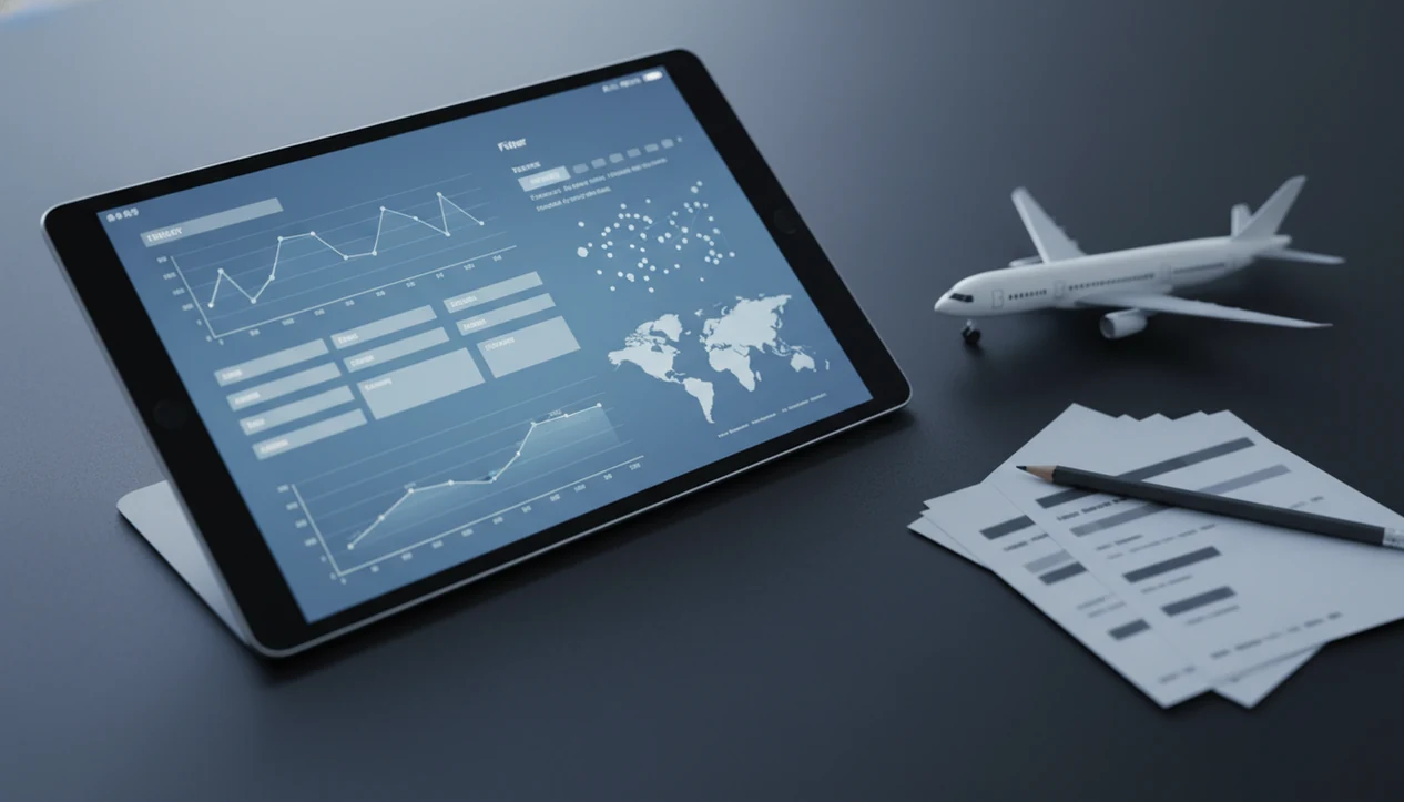 A tablet with abstract aviation safety charts sits beside an aircraft model and research papers on a desk.
