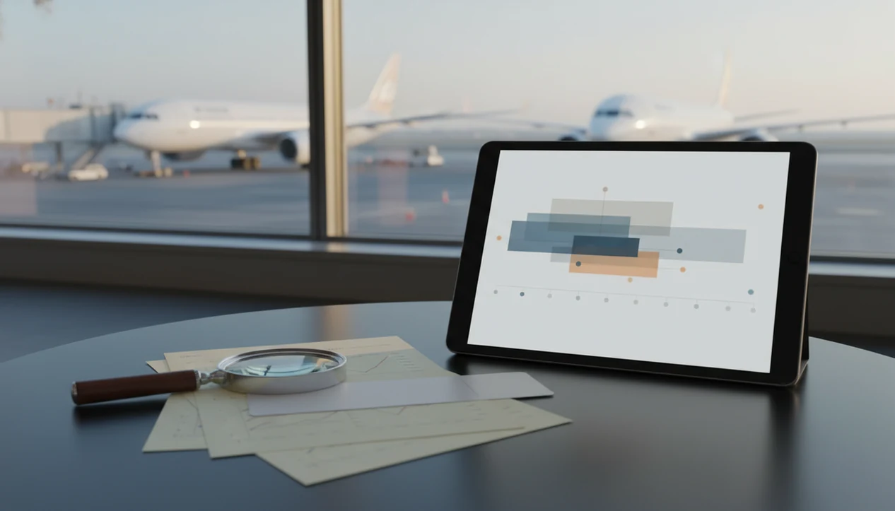 A tablet with abstract airline safety data sits beside reports and a magnifying glass in an airport lounge.