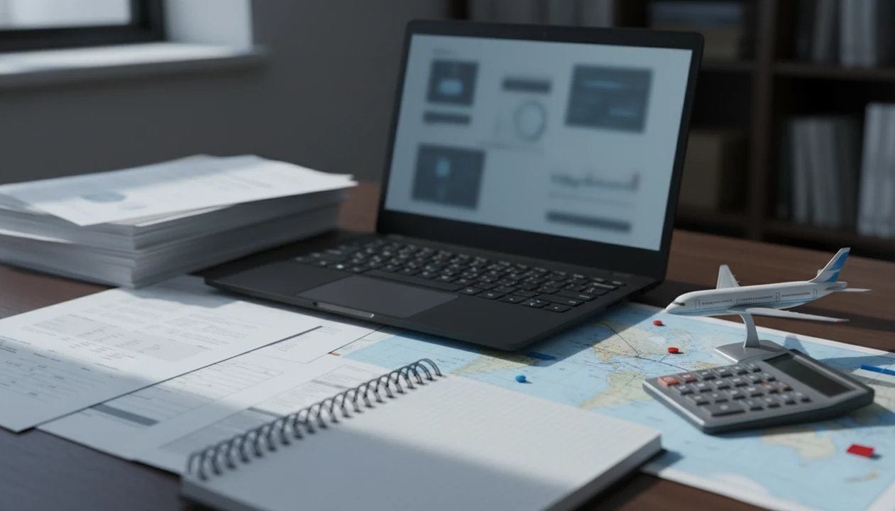 An aviation research desk with a laptop, aircraft model, maps, and blurred accident report pages.