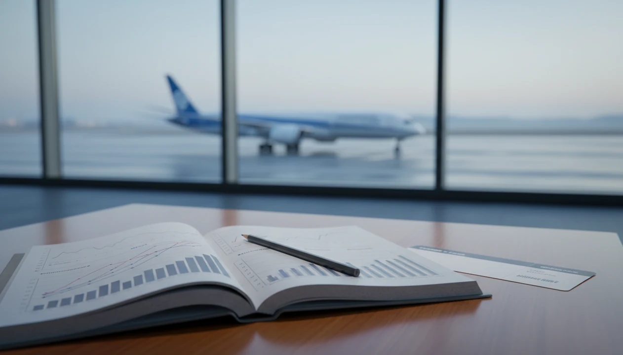 A safety report with abstract charts sits by an airport window as a jet taxis in the distance.