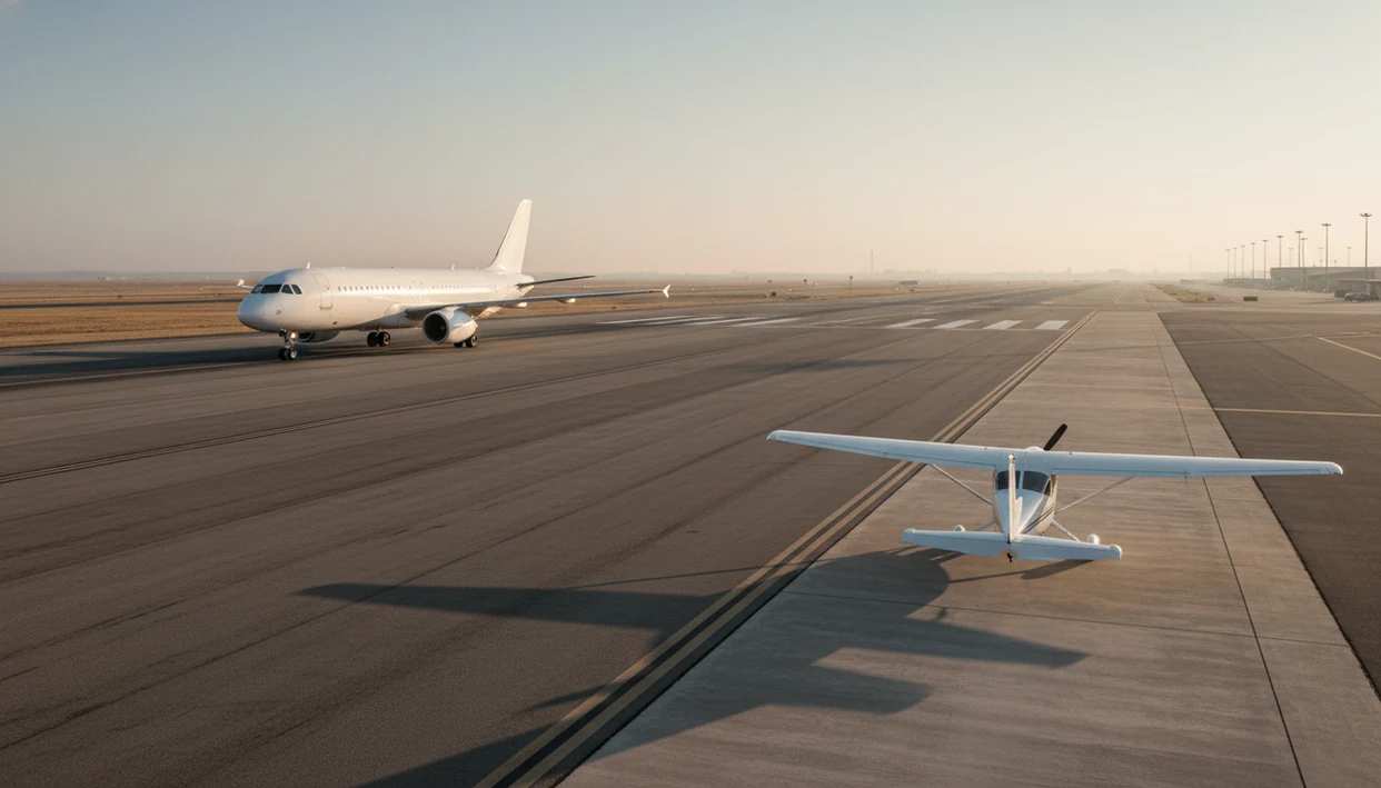 A passenger jet and a small private aircraft share an airport scene, showing the scale difference between aviation sectors.