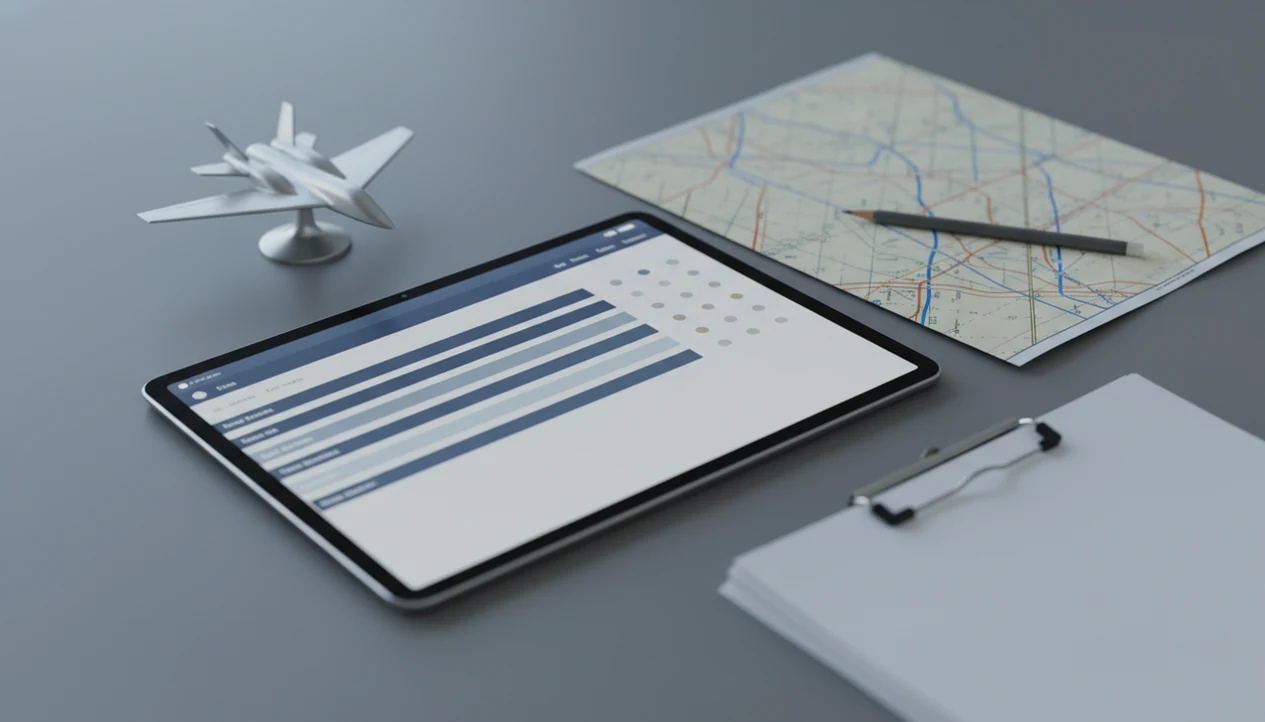 A tablet with abstract accident database rows sits beside an aircraft model, chart, and research documents.