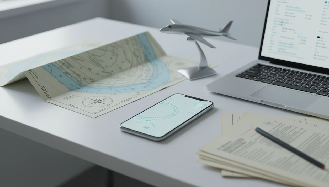 A phone and aviation research materials suggest searchable accident records on a calm desk.