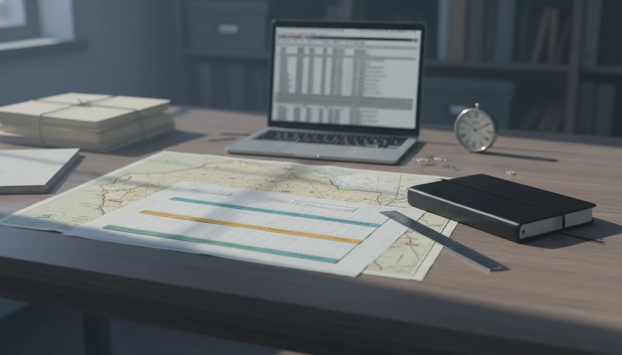 A desk arranged with maps, timeline strips, folders, and a clock for checking aviation accident source updates.
