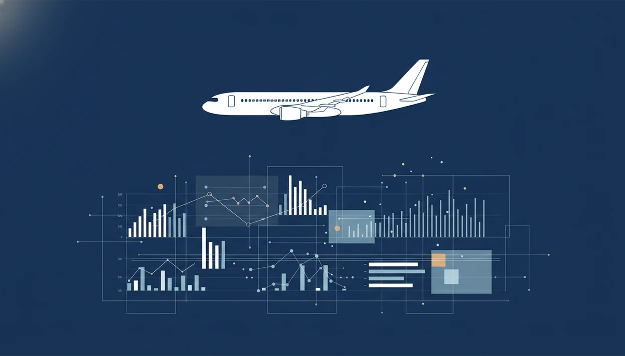 An aircraft silhouette above abstract aviation accident charts and data patterns on a dark blue background.