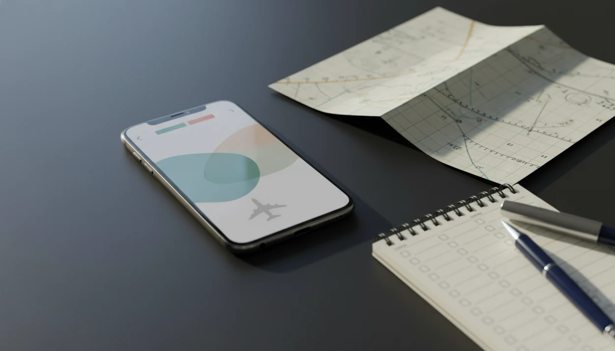 A smartphone, aviation chart, and blank checklist suggest verifying plane crash reports responsibly.