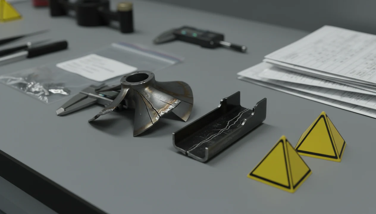 Damaged aircraft components on a lab bench prepared for mechanical failure investigation.