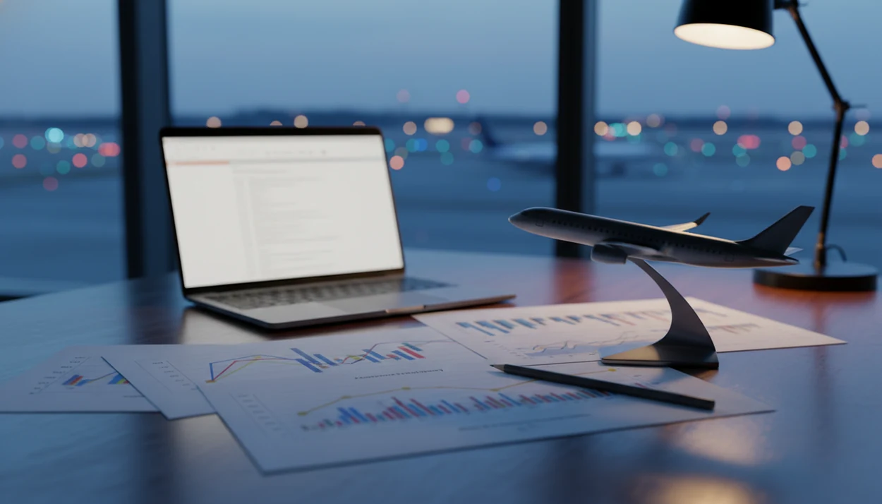 An aviation analyst desk shows charts, a model airplane, and a blurred airport runway at dusk.