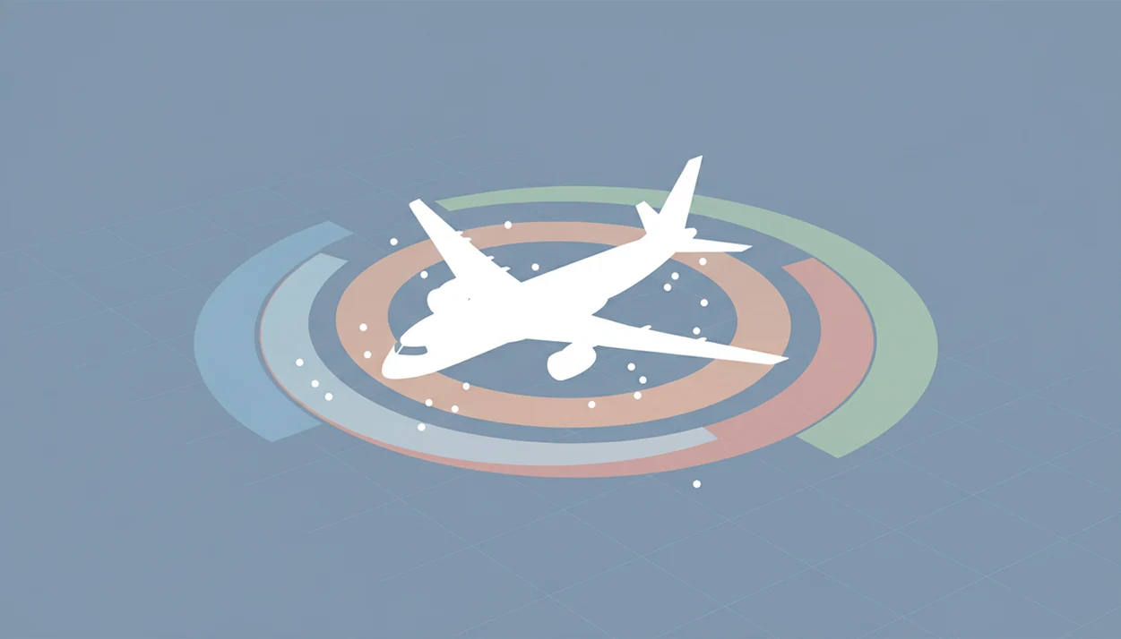 A passenger jet silhouette appears over abstract safety data dots and factor bands.