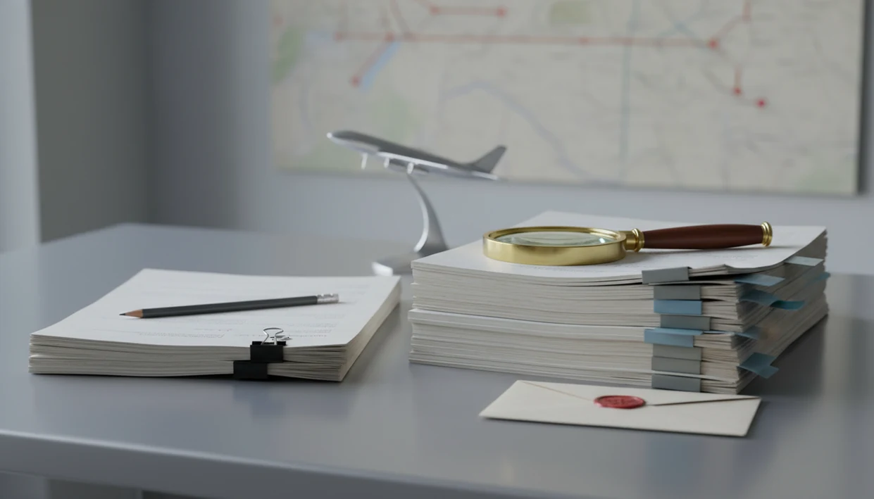 Two aviation accident report stacks show an early file beside a completed investigative record.