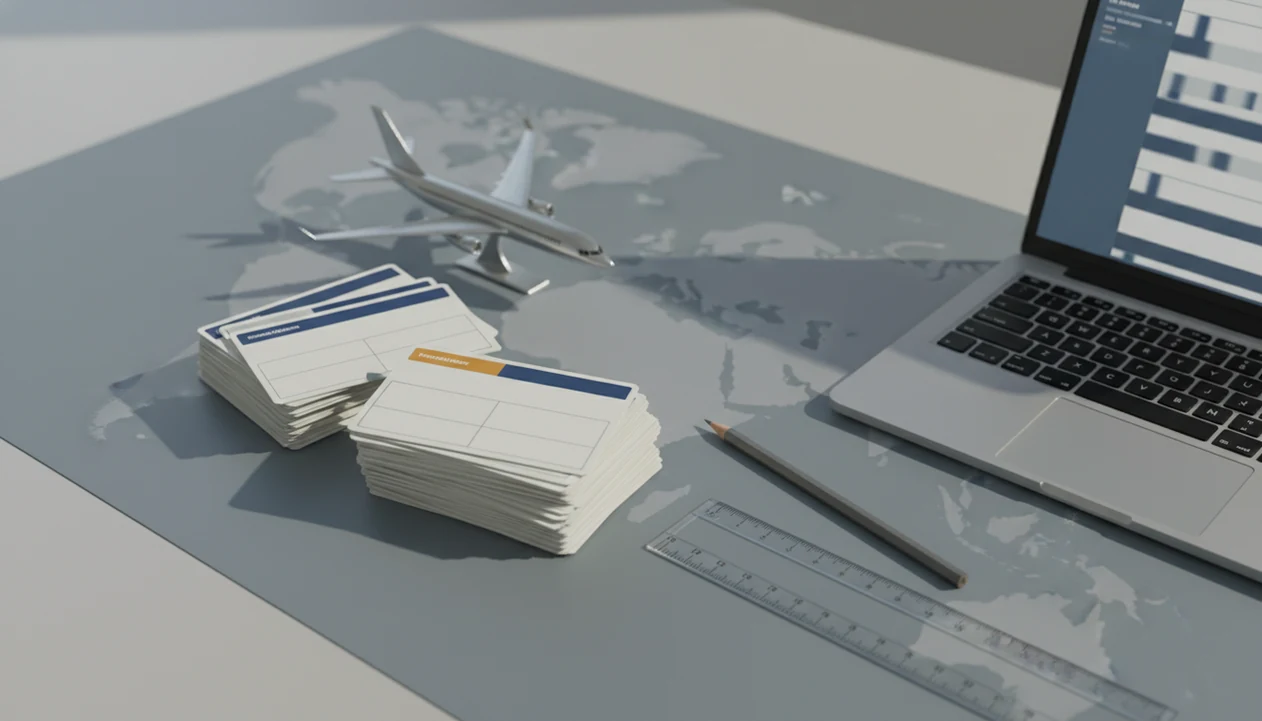 Aviation safety desk with maps, blank record cards, colored tabs, and a model aircraft.