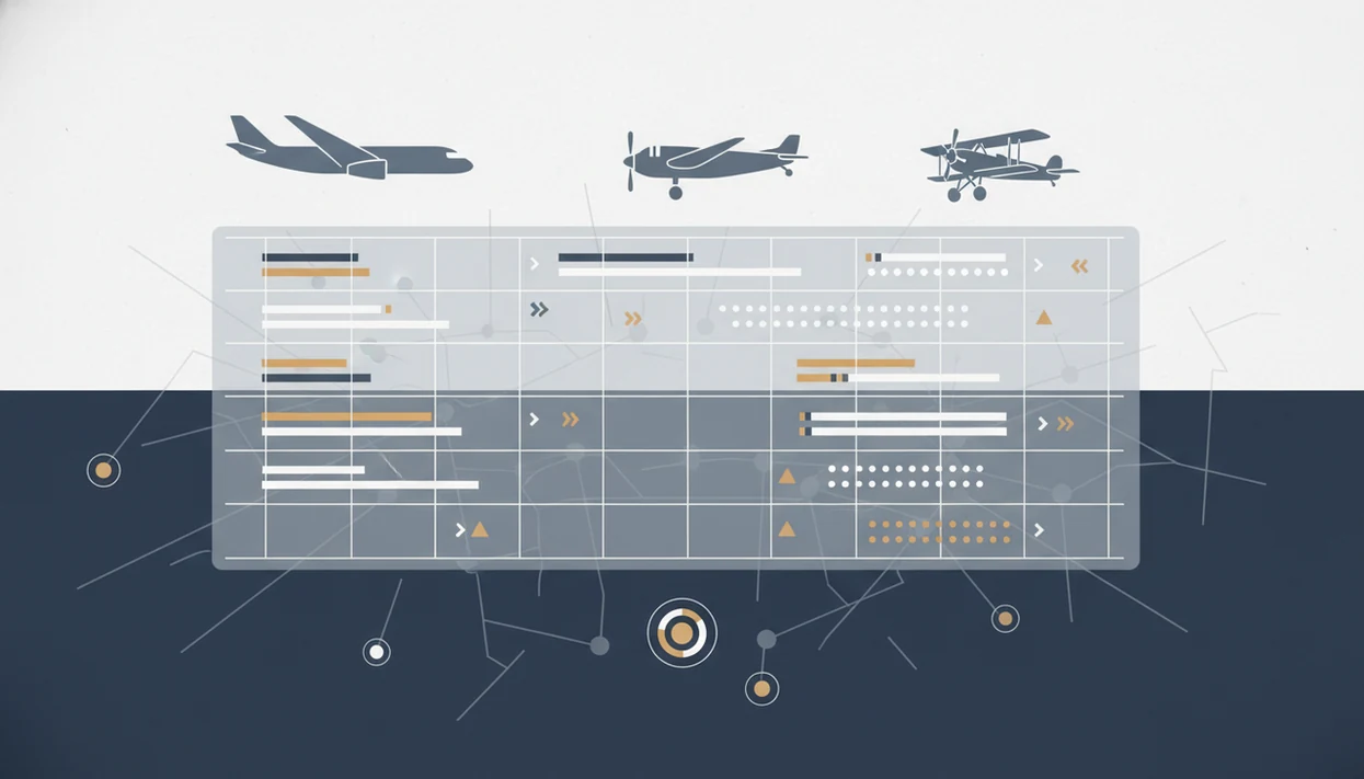 An abstract aviation data comparison grid with aircraft silhouettes and source status markers.