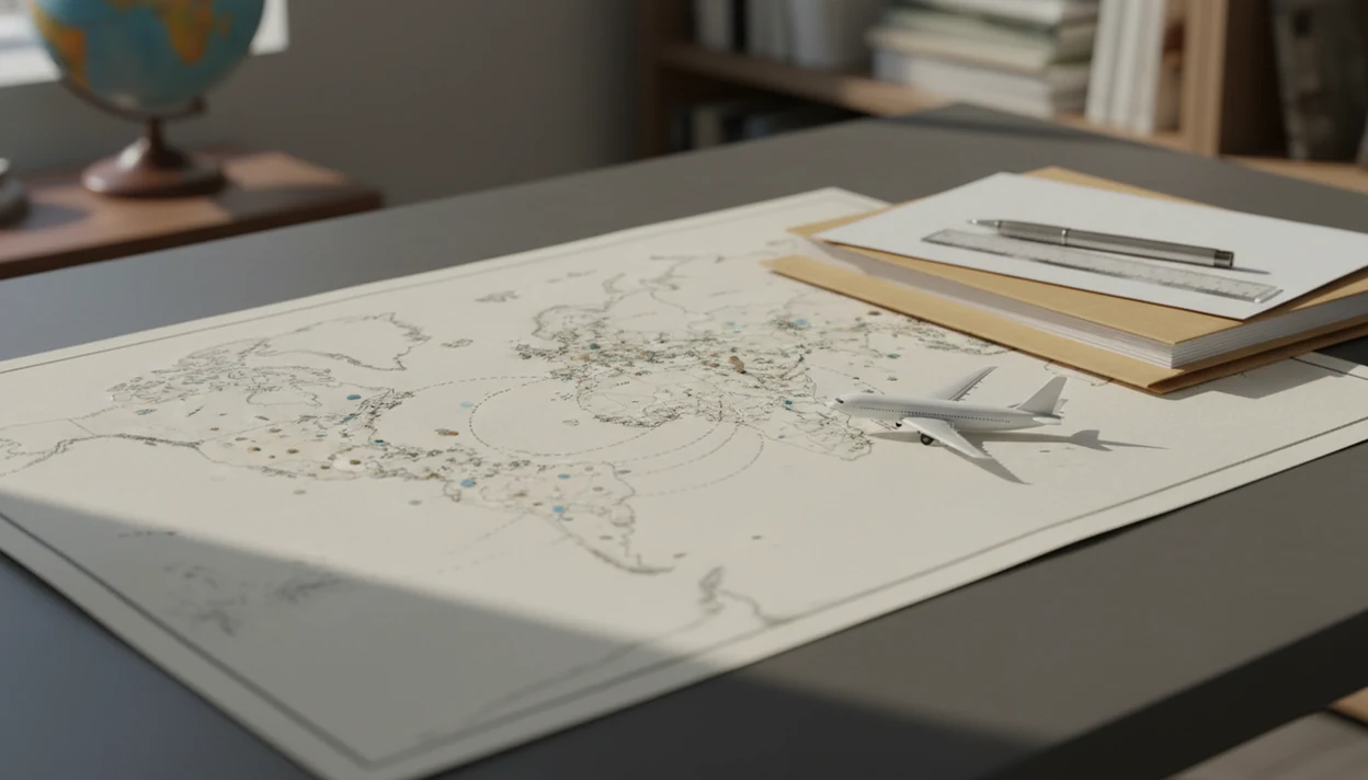 A desk with an unlabelled world map, data dots, source folders, and a small aircraft model.