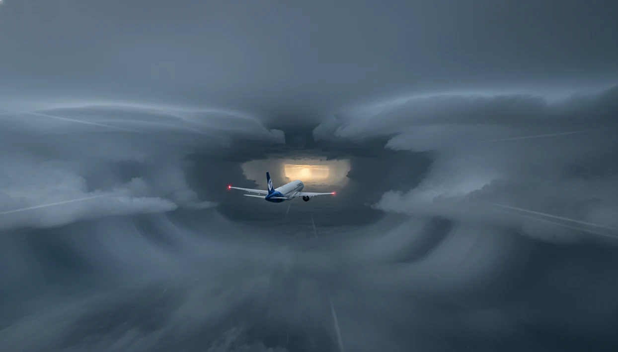 A passenger jet flies through a narrow clear corridor between storm clouds and rain shafts.